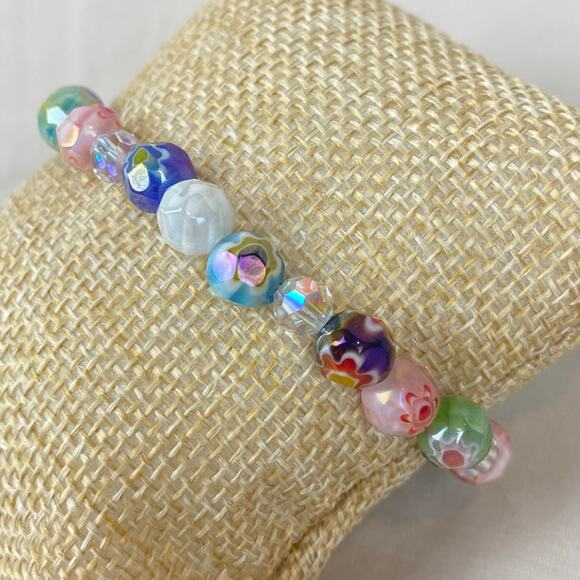 Aurora Borealis Crystal & Floral Colorful Glass Bead Bracelet 925 Silver Toggle - Picture 9 of 10